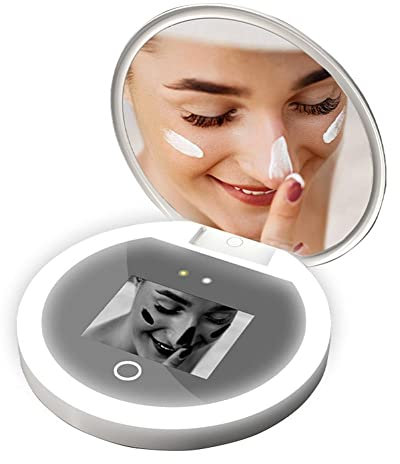 Espejo compacto con cámara UV y luz, espejo de viaje portátil para protección solar, brillo ajustable de 3 niveles, espejo de maquillaje de belleza LED antihuellas para bolsillo de bolso, 3.8 pulgadas