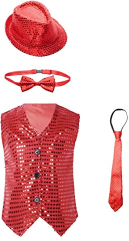 FEESHOW Kinder Glitzer Tanz Outfit Pailletten Weste Hut Fliege Krawatte Set Glitter Trilby Hut Anzugweste Show Disco Silvester Festival Outfit A_Rot 158-164
