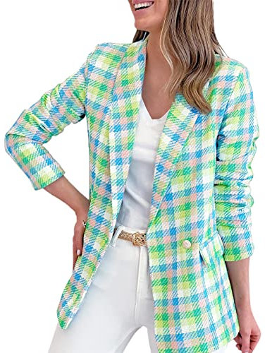 Briskorry Blazer d'affaires à carreaux pour femme - Avec poche - Style décontracté - Avec boutons - Pour affaires - Veste à manches longues