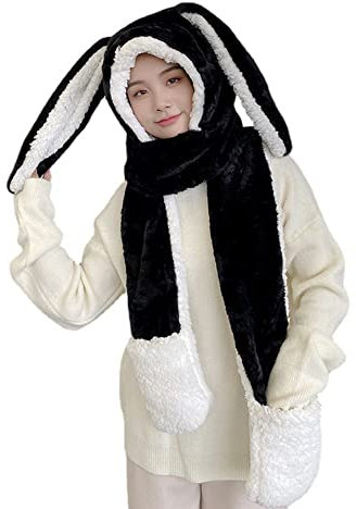 Wintermütze Damen Mädchen Schalmütze mit Hasenohren Kunstfellmütze Flauschig Warm Plüschmütze Schalhut Handschuhe Thermo Mütze Winterschal Niedlich Winterhut für Fahrrad Motorrad Wandern Schwarz