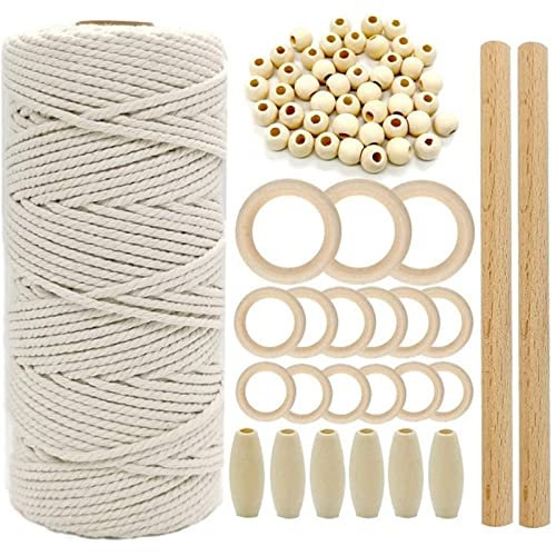DUNSBY DIY Macrame Kit Cord Natural Cotton Rope with Wood Ring Wood Stick for DIY Teether Macrame Kit Wall Hanging Plant Hanger Macrame Kit (Color : Set 5)