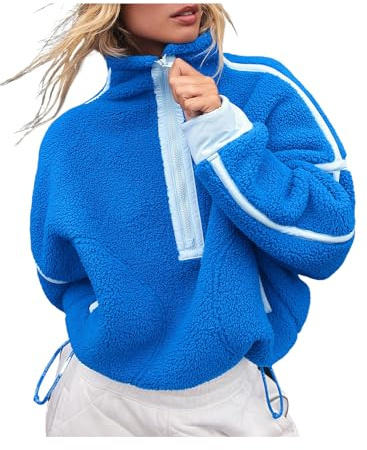 Kumufenc Felpe da Donna in Pile con Mezza Zip Pullover Manica Lunga Oversize Allenamento Crop Top Felpa con Cappuccio con Tasca, Blu, Small