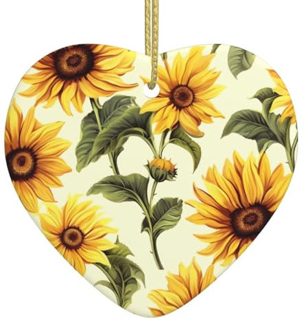 Sommer-Sonnenblumen-Druck, Weihnachtsschmuck, Herz, Keramik, Weihnachtsbaum, hängende Ornamente, Porzellan-Anhänger für Urlaubsdekoration