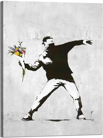 Kunstbruder Wandbilder Banksy berühmte Motive - Komplett Aufhängefertig, Street graffiti art, moderne Leinwand Mood bilder (flowerriotgrau, 80x120 cm)
