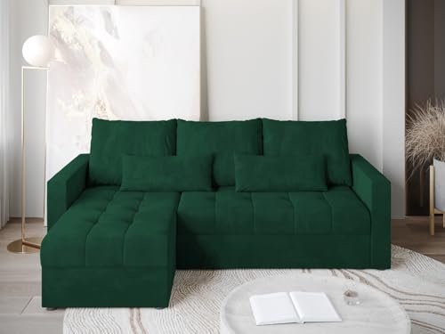 BROMARKT Ecksofa mit Schlaffunktion 226x143x83 - Wohnlandschaft L-Form - Kollektion HOT L LITE - Eckcouch - Samt Couch L Form - Sofa 3-Sitzer - Grün