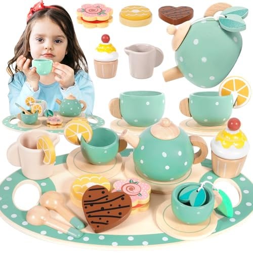 ENCOUN 17Pcs Service à Thé pour Enfants, Services à Thé en Bois, Tea Party Jeux de Rôle, Service à Thé Jouets, Dînette Enfant Accessoire, Jeux de Cuisine pour Enfants Filles Garçons 3 4 5+Ans