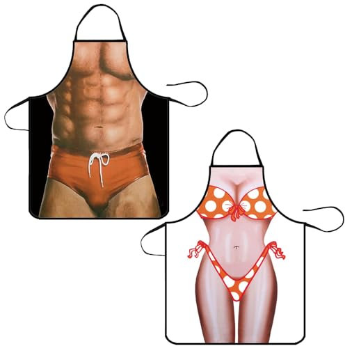 HGOCAHUZI 2 Pcs Funny Novelty Sexy Apron Muscle Man Apron & Bikini Woman Funny Kitchen Aprons Adjustable Kitchen Cooking Apron Funny Gifts for Men Women Cooking BBQ Grilling Baking