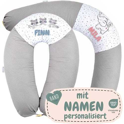 sei Design Stillkissen XXL - personalisiert mit Namen und Geburtsdatum personalisierte Geschenke Baby Junge Mädchen Schwangerschaftskissen 190cm grau groß