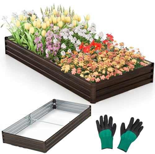 HOMASIS Hochbeet Metall, Blumenbeet mit Handschuhe, Blumenkasten mit offenen Boden, Pflanzenkasten für Gemüse, Obst, Blumen, Gemüsebeet Pflanzbeet Kräuterbeet Gartenbeet groß, 240 x 120 x 30 cm, Braun