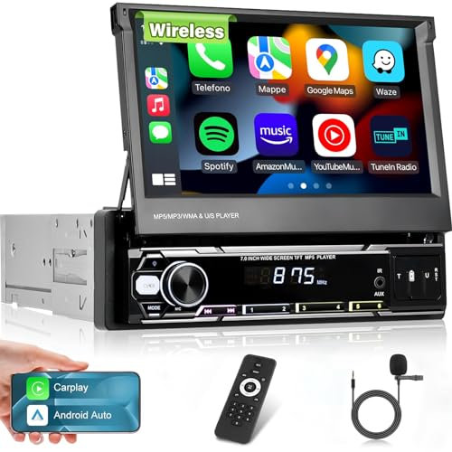 Autoradio 1 Din con Schermo - Carplay senza fili e Android Auto - Autoradio touch screen da 7 pollici HD Flip Out con GPS Mirror Link SWC FM/AM/RDS AUX USB U Disk + microfono
