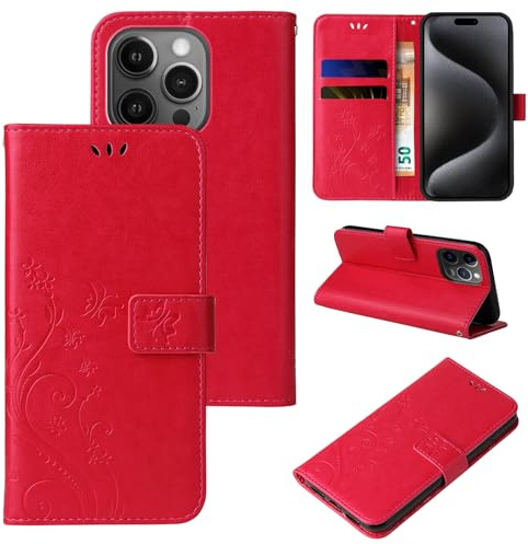 LBH Handy Hülle für Apple iPhone 15 Pro Max Case Handytasche Schmetterling Blumen Flower Standfunktion Schutzhülle Magnet Rundum Schutz 360 Grad Flipcase Cover Rot