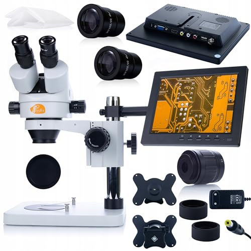 Microscopio profesional con pantalla de 8 pulgadas - Microscopio estéreo trinocular para electrónica y joyeros - Óptica de alta calidad - Amplia distancia de trabajo - Cabezal giratorio 360°