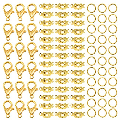 Juego de cierres de joyas, 100 unidades, juego de cierres para pulseras y cadenas, accesorios dorados para collar y pulsera, 20 cierres de mosquetón, 40 anillos abiertos, 40 perlas de aplastamiento