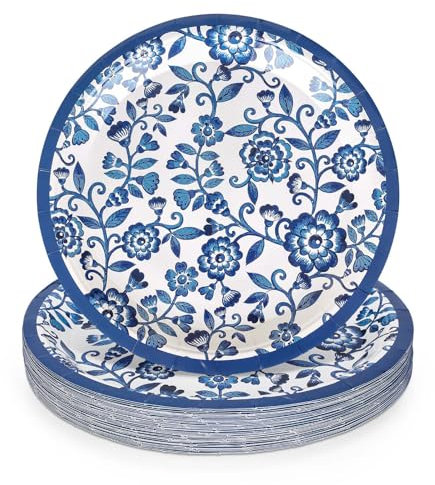 JarThenaAMCS 40Pcs Blue White Floral Paper Plates Chinoiserie Flowers Disposable Plates Spring Summer Decorative Tableware for Wedding Birthday Holiday Party Decor Supplies