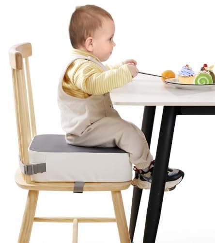 TOTIDYH SitzerhöHung Stuhl Kind PU Waschbar Zerlegbar 10cm SitzerhöHung Sitzkissen Kinder mit 2 Sicherheitsschnalle Gurt Tragbare KindersitzerhöHung Rutschfeste StuhlerhöHung Kinder (Grau)