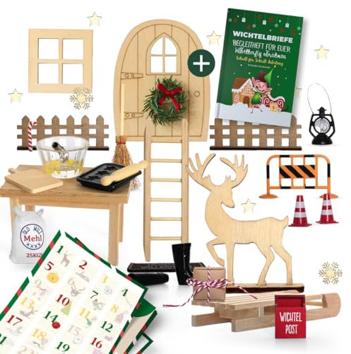 Wichteltür Set - Komplettes Wichtel Zubehör Weihnachten - Wichtelbriefen & Bastelvorlagen - Wichtel Set Weihnachten Komplett - Wichtel Baustelle Set - Wichteltür Zubehör Weihnachtswichtel Milula