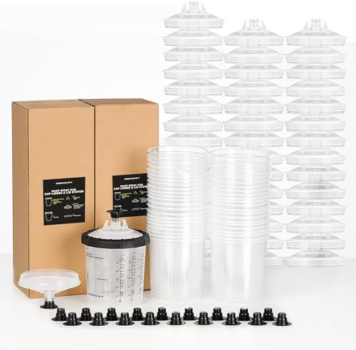 InoKraft Einweg-Farbspritzpistolenbecher, Farbsystem für HVLP- und LVLP-Farbspritzpistolen, 22 Unzen (650 ml) Set mit 45 Bechern und Deckeln, 1 Hartbecher mit Haltering und 20 Verschlussstopfen