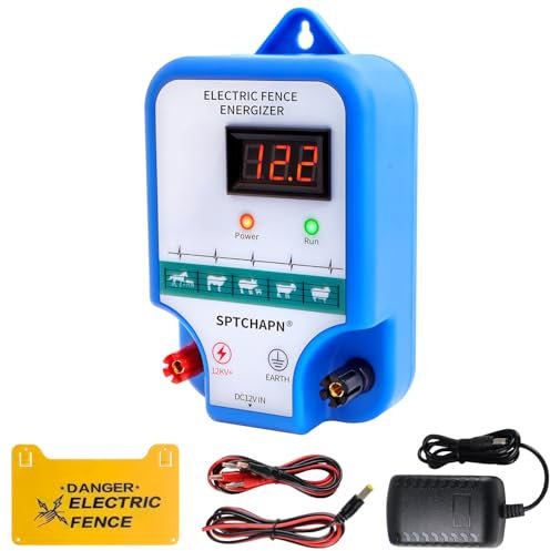 Sptchapn 12V Electric Fence Energiser Powered by AC- Multi-Powered, 2 Joules High-Power Output Energizer with LED Display,10Km Range, Weatherproof , Repels for Horses, Pet and Other Animals