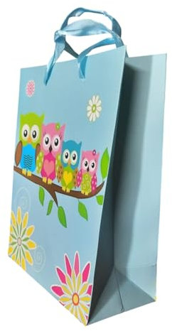 Geschenktüten aus Hartpapier mit Eulen, hellblauem Hintergrund – 23 x 18 cm, perfekt für Geschenke und Partys