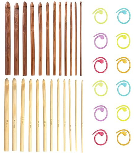 Eiflayn Häkelnadel,24 Stück Bambus Crochet Hook 3–10mm+12 Bunte Maschenmarkierer,Häkelnadeln Stricknadeln,Ergonomische Häkelnadeln mit Rutschfesten,Geeignet für Mützen,Handschuhen,usw