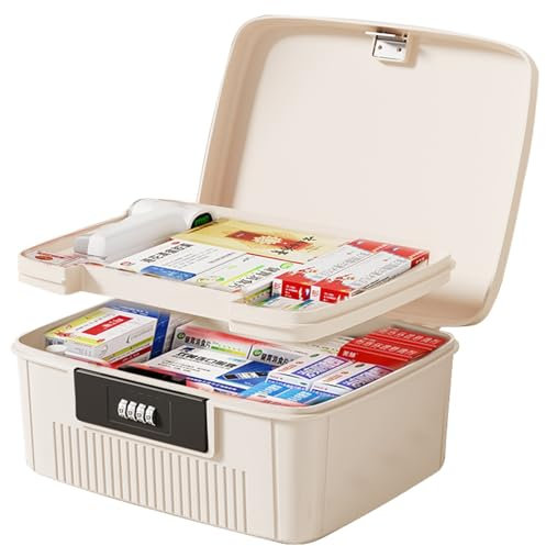 NICEWAT 2 Layer Medicine Storage Box, 25 * 20 * 10cm Lock Box with Code, 6L Lockable Medicine Box with Removable Tray, Medication Storage Container for Medicine, Food, Phone, Office Documents