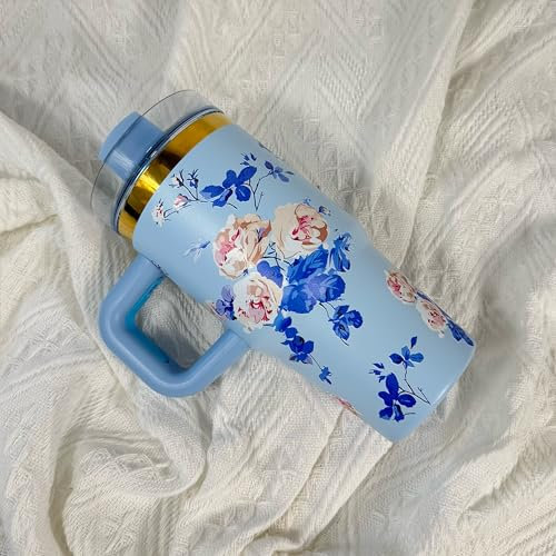 14oz Tumbler mit Griff und Stroh, Thermobecher mit Strohhalm Kid Tumbler mit Deckel und Stroh, 304 Edelstahl Kind Tumbler, Schule Sport im Freien (Blaue Blume)