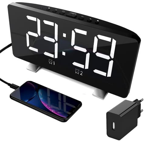 Lancoon Réveil numérique avec radio, 4 niveaux de luminosité, volume réglable, snooze, port de charge USB, mode 12/24 h, adaptateur inclus