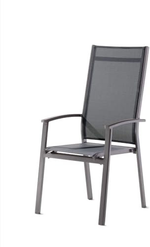 SIEGER Lima Hochlehner Stapelsessel für den Garten, Graphit/Eisengrau, aus Aluminium und Textilux® Kunstfasergewebe mit stufenlos Verstellbarer Rückenlehne Farbe eisengrau/Silbergrau