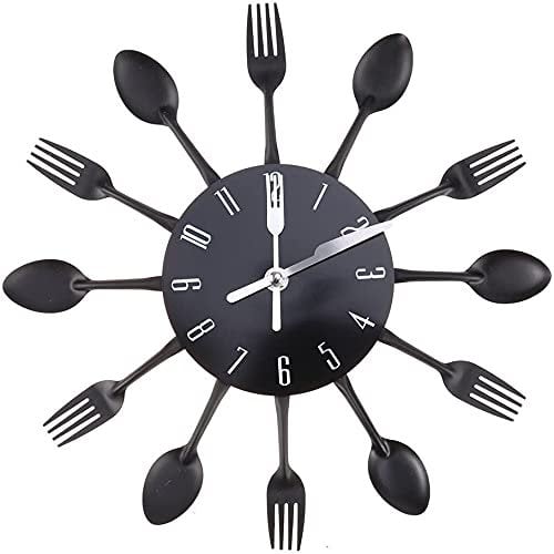 Creative Wall Clock Cutlery Clock Kitchen Fork Knife CreativeModern Cutlery Kitchen Spoon Fork Wall Clock Mirror Wall Decal for Home Decoration (Black)