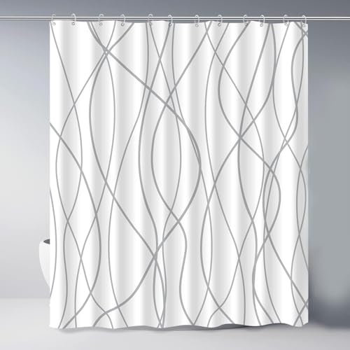 YUSUZHU Langer grau-weiß gestreifter Duschvorhang aus Stoff für Badezimmer mit 12 Haken, beschwertem Saum, wasserdichtes Badzubehör Hotel 90 x 190 cm
