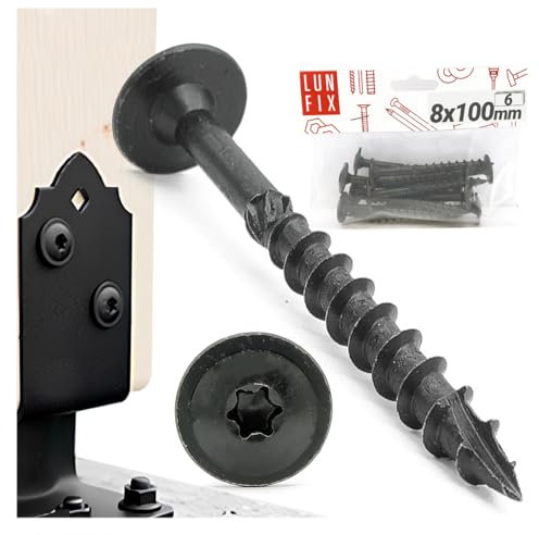 Torx - Lot de 6 vis à bois pour support de poteau - 8 x 100 mm, noires galvanisées, à tête plate, pour connecteurs Lun Fix - Auto-taraudeuses et protégées contre la rouille