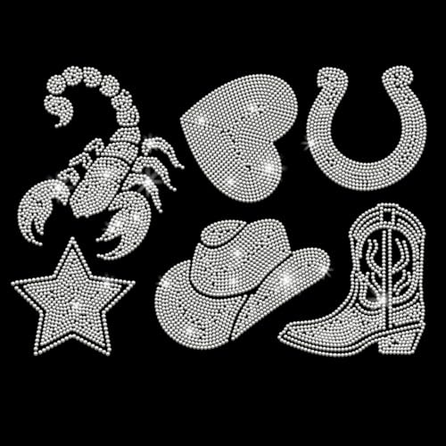 PLIGREAT Western Elements Rhinestone Iron on Hotfix Heat Transfer Decal, Glitter Cowboy Hat Heart Star Iron on Patches Clothing Repair Appliques for DIY Jackets T-Shirts Pants Bags