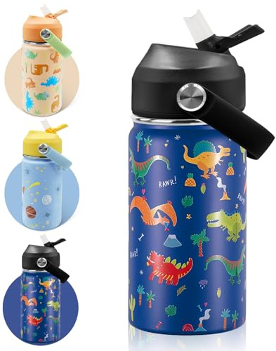 AMFUN 350ml /12oz Kids Insulated Water Bottle with Straw Lid,Small Flask Vacuum Insulated,Upgraded Leak Proof Lid with Straw & Handle for Boys Girls Hot Cold Drinks,BPA-Free(Dinosaur Model)