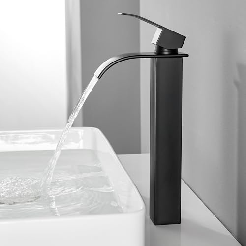 CECIPA Alto Rubinetto Bagno Lavabo Nero a Cascata, Miscelatore Lavabo Bagno, Miscelatore per Bagno in Ottone e Acciaio Inox, altezza del beccuccio 245 mm