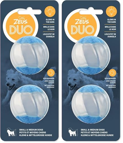 Zeus Duo-Bälle mit Quietscher, leuchtet im Dunkeln, interaktives Hundespielzeug, klein (Packung mit 2)