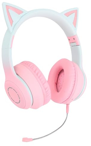 Goshyda Cat Ear Bluetooth Headphones with LED Lights, Wireless & Wired Gaming Headset with Microphone, Foldable Over Ear Headphones for Teens Girls Adults (Roseate)
