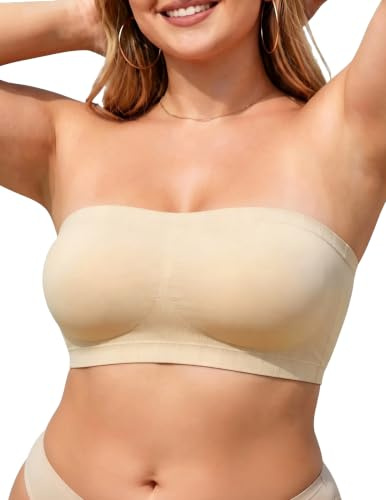 PoseFree Strapless Push Up Bra for Women Wireless Bandeau Bra with Fixed Pads Seamless Anti-Slip Tube Top Padded Convertible Bralette Nude M