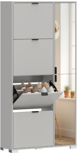HOMCOM Scarpiera Salvaspazio Slim Alta con Specchio 82x30x168 cm Grigio | 4 Ante a Ribalta, Scarpiera Ingresso, Ripiani Regolabili, 2 Armadietti, 5 Gambe, Porta Scarpe per 16 Paia