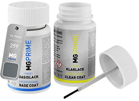 MG PRIME Autolack Lackstift für Mazda 29Y Titanium Grey 2 Metallic +1K | Titangrau Metallic, Set aus Basislack + Klarlack, Lackfläschchen mit Pinsel, je 50ml