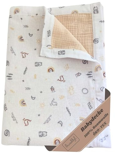 Swaddyl Musselin Decke Baby - Kinderwagen Decke - Sommerdecke - Babydecke Beige 75x100cm zweilagig - Erstaustattung Neugeborene (Cute Design)