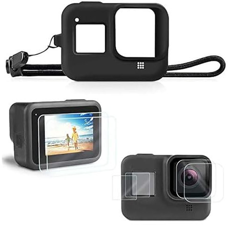 TEKCAM Silikon Schutzhülle Displayschutz für GoPro Hero 8,Kamera Silikonhülle Black + 6 Pcs Glas Displayschutzfolie + Lanyard Kompatibel mit GoPro Hero 8, Go Pro Hero 8 Schwarz Zubehör Kit