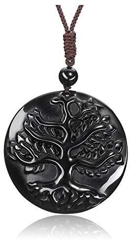Jovivi Baum des Lebens Anhänger aus Obsidian Lebensbaum Kette verstellbar Healing Reiki Glückskette Edelstein Schmuck Damen Herren