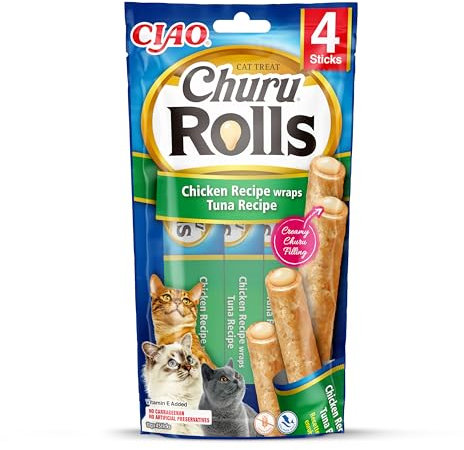 Ciao Churu Rolls by INABA Cat Treat - Chicken & Tuna Flavour (4 x 10g) / Crispy Sticks with Creamy Filling Cat Treat, Delicious & Healthy Snack, Hand Feeding, Natural, Grain Free