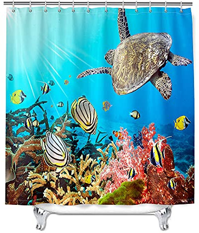 Chickw1 Rideau de Douche Résistant à l'eau Lavable Tissu en Polyester Rideaux de Salle de Bain avec 12 Crochets 3D Tortue de mer Impression Décor (Poisson rayé,90x180cm)