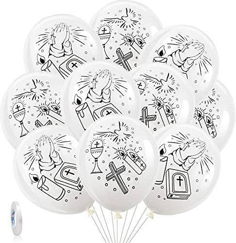 HOWAF Kommunion Luftballon, 30 Stücke Taufe Luftballons, Kommunion Ballons, weiß Konfirmation latexballon bedruckt mit Taube Kerze Kreuz, Konfirmation Kommunion deko mädchen junge Taufdeko