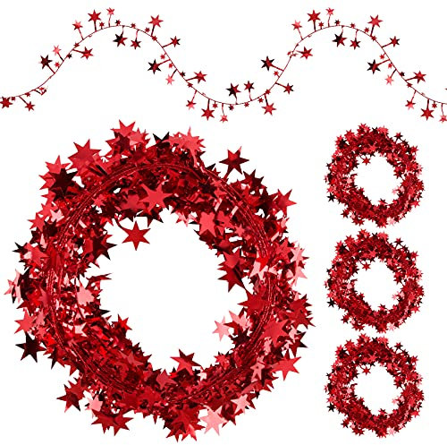 30 Meter Lametta Girlande mit Sterne Glitzer Rot Folien Girlanden Weihnachtsbaum Deko Banner DIY Hängende Dekoration für Party Geburtstag Hochzeit Weihnachten Karneval Fasching usw. (4 pcs)