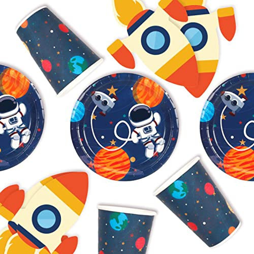 Weltraum Kindergeburtstag Party Set 24. Tlg. | 8 Teller, 8 Becher, 8 Servietten in Raketenform | Weltraum Deko Pappteller Kindergeburtstag Junge | Astronauten Party Geschirr Kindergeburtstag