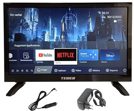 TEBER - Televisore Smart TV da 18,5 pollici - con adattatore 12v, 24v e 230v. Android 11 - Full-HD. DVB-S2/C/T2/T - per camper, camper, roulotte, barche. (19 pollici)