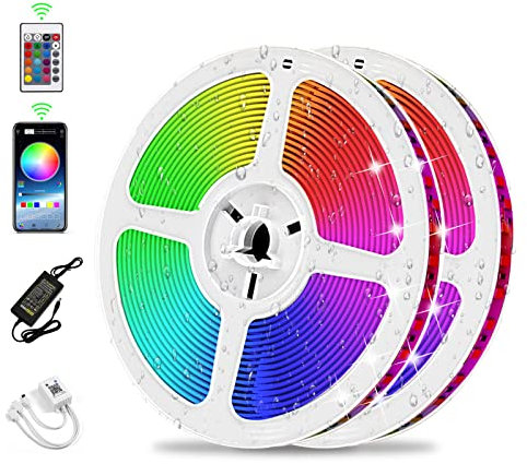 Ruban LED, 10M RGB IP65 Étanche Bande LED Lumineuse avec Contrôleur Bluetooth et APP, Synchroniser avec Rythme de Musique Multicolore Bande LED Lumineuse pour Intérieure et Extérieure Décor