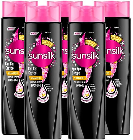 Sunsilk Bye Bye Kräusel-Shampoo mit Keratin und nährendem Öl für krauses und beschädigtes Haar, feuchtigkeitsspendend, nährend, intensiv aufhellend, 5 Flaschen à 250 ml
